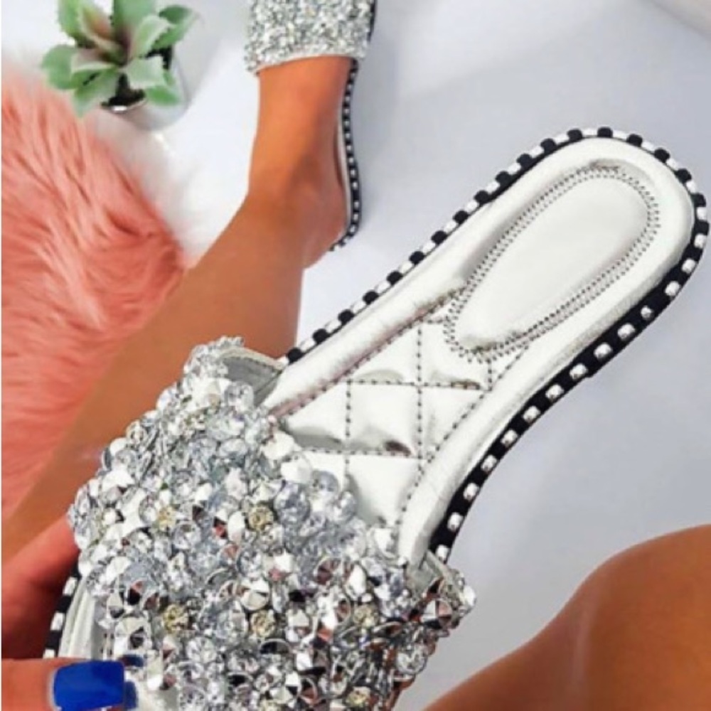 Wild Diva Women’s Gold and Silver Embellished Slide Sandals